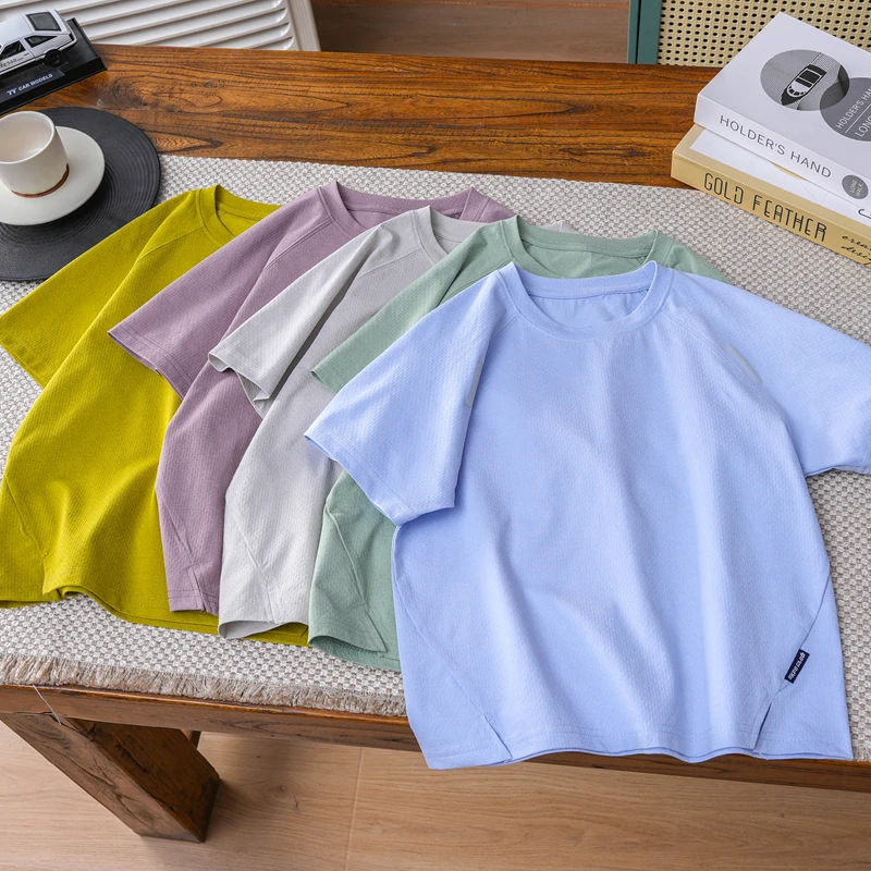 夏凉感低饱和纯色速干运动t恤中大童薄款短袖圆领衫男女童弹力打