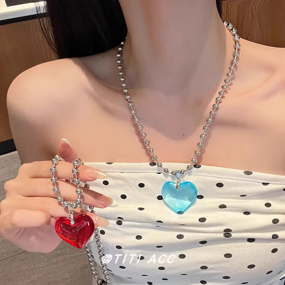 钛钢项链 蓝色爱心金属圆珠甜酷风Y2K辣妹简约小众锁骨链个性颈链