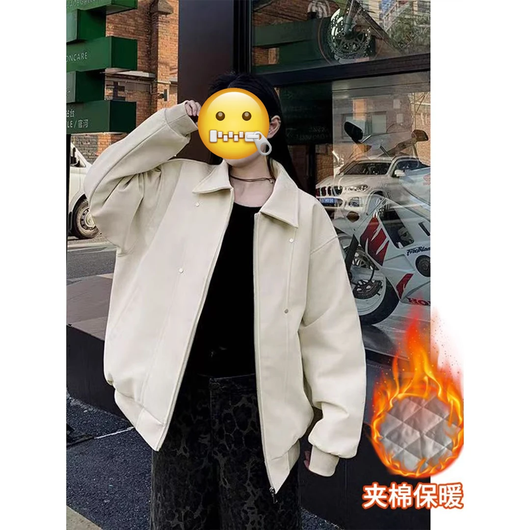 美式高街PU皮棉服男高级感机车防风保暖棉袄冬季宽松翻领夹克棉衣