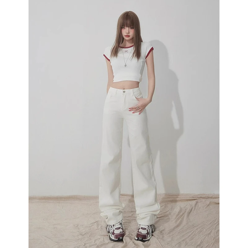 NORNLGGER 白色窄版直筒牛仔裤女新款显瘦筷子腿显高小个子裤子