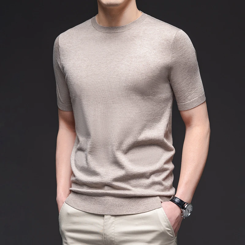【高品质】羊毛圆领衫男士短袖衫羊毛纯色打底衫男士不变形抗起球