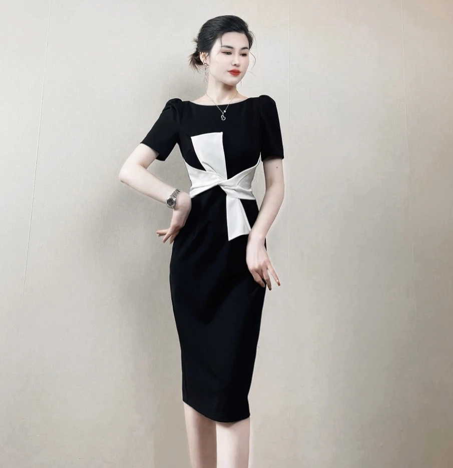 【潼潼严选】夏季新款轻奢优雅气质蝴蝶结拼接显瘦连衣裙-1257-1