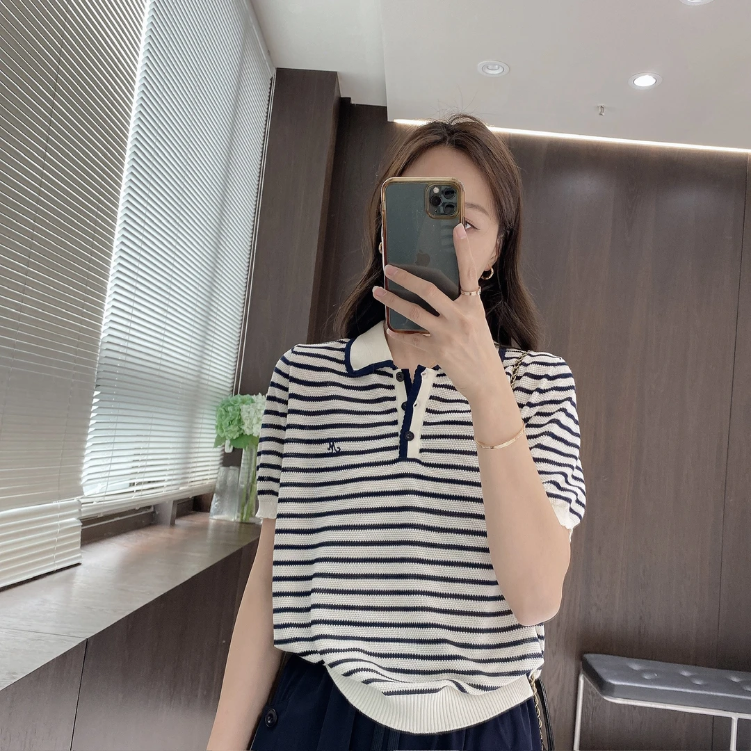 IMFLY金小金自制女装 莱赛尔针织衫DYW9253条纹POLO针织短袖
