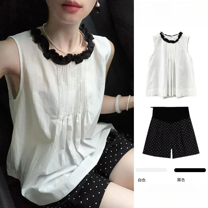 孕妇套装夏装新款时尚褶皱木耳边显瘦小个子背心上衣休闲波点短裤