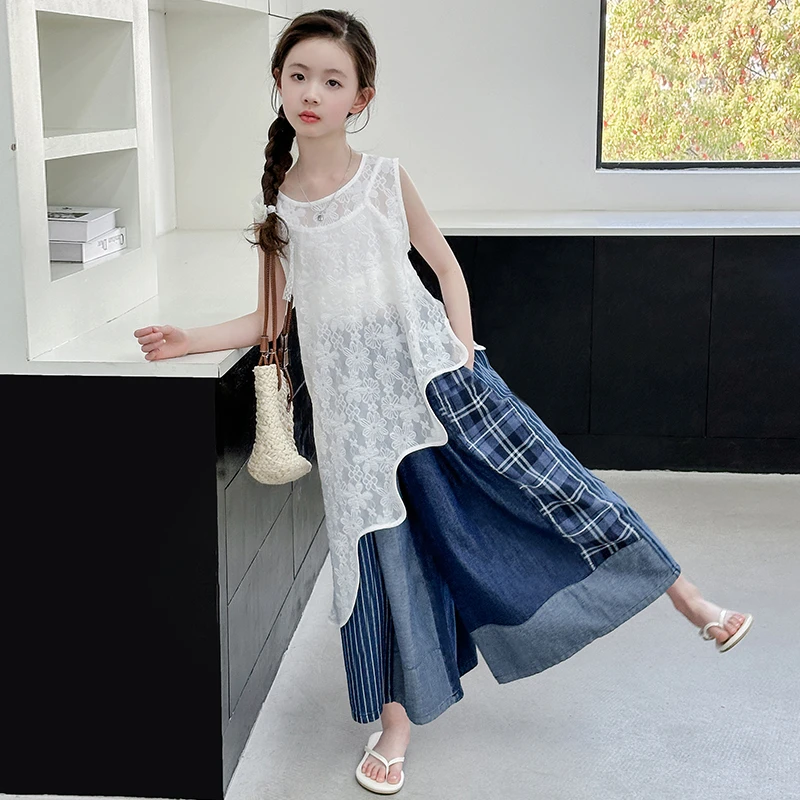 女童夏季套装2025新款波西米亚风内搭背心罩衫裙三件套