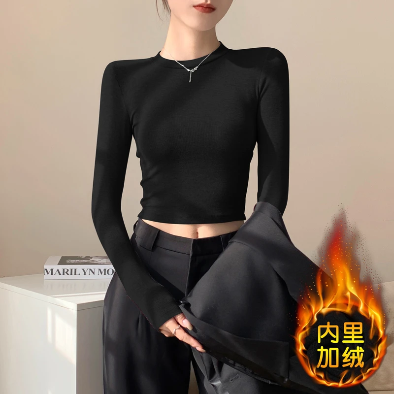 黑色圆领短款打底衫内搭秋冬2026新款修身小个子露脐显瘦保暖上衣