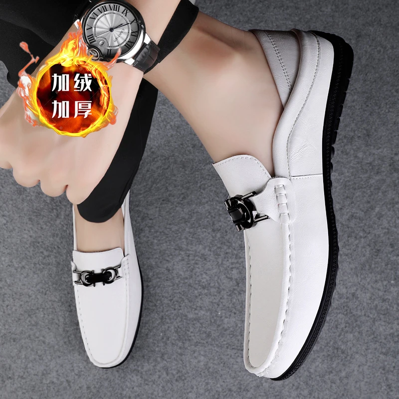 皮鞋男款秋冬加绒保暖百搭时尚休闲鞋韩版潮软皮软底一脚蹬驾车鞋