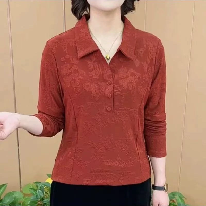 提花宽松型POLO领长袖方领T恤女士百搭印花洋气翻领休闲上衣