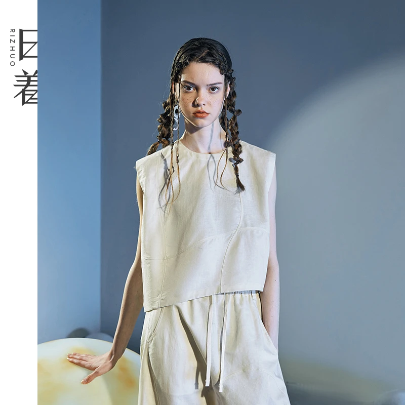 日着2025夏新款棉麻无袖衬衫短高级感宽松坎肩白色上衣女RD2639C1