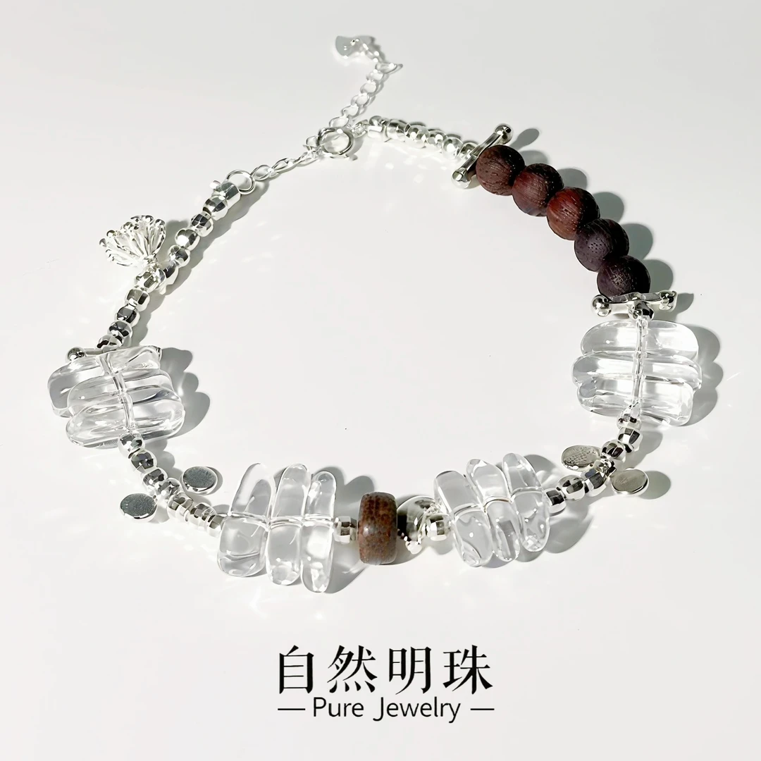 思斯原创设计【蒲公英】天然白水晶随形降真香莲蓬 S925 银饰手链