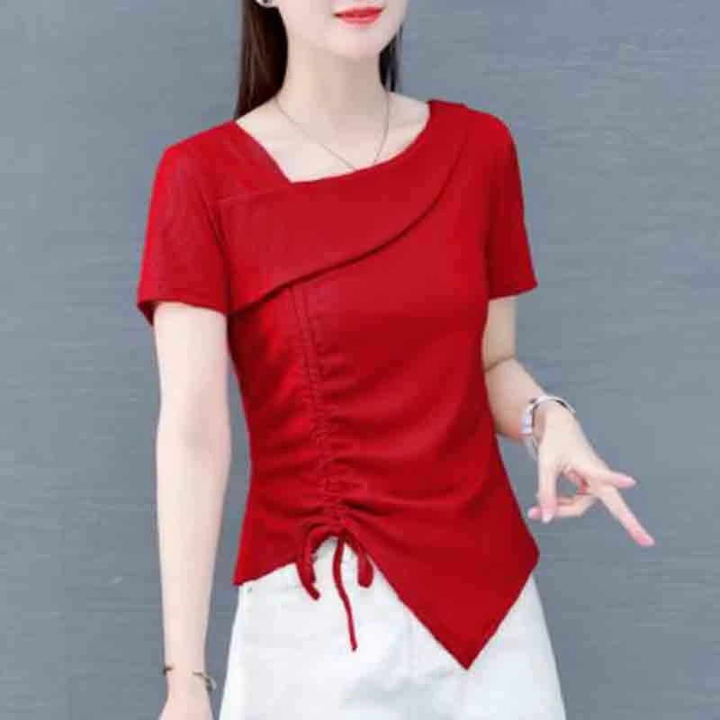 高含棉时尚短袖t恤女2026夏季新款设计感斜领不规则抽绳洋气上衣