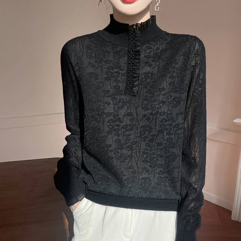 哥弟阿玛施官方新款高领钉珠镂空针织衫秋季洋气减龄显瘦长袖上衣