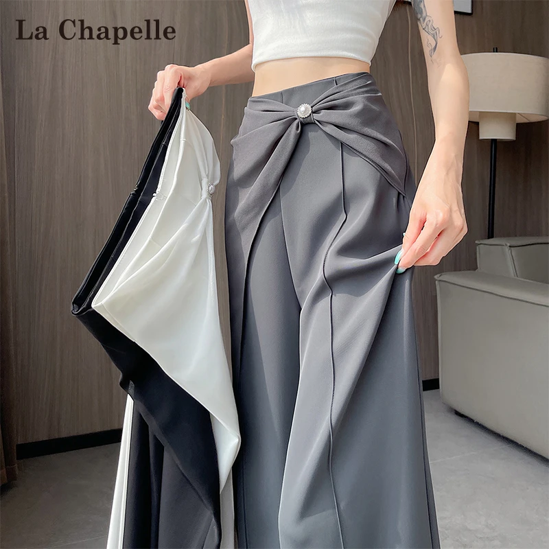 拉夏贝尔防晒雪纺阔腿裤女夏季薄款钉珠纽结高级感垂感冰丝西装裤