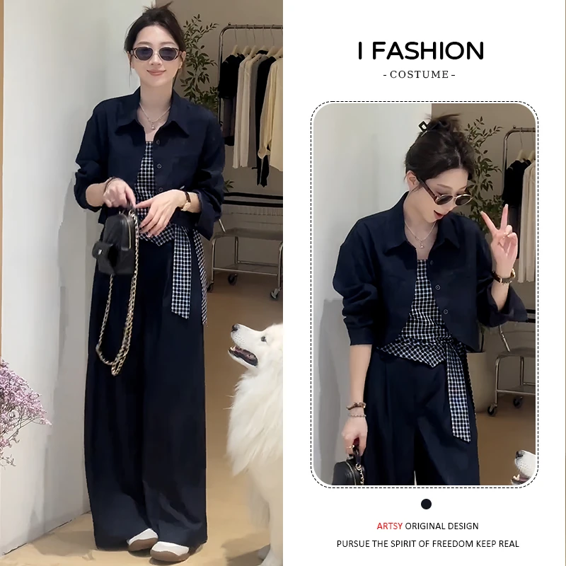 韩系风时尚百搭套装女2025春秋新款显瘦开衫外套吊带阔腿裤三件套