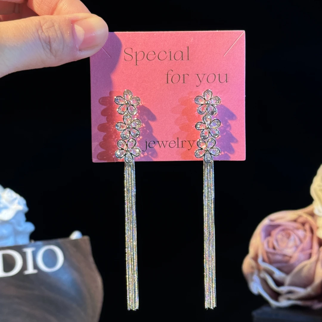 铜合金耳饰 梦娢】超闪锆石花朵长款流苏耳环仙气甜美时尚轻奢耳钉