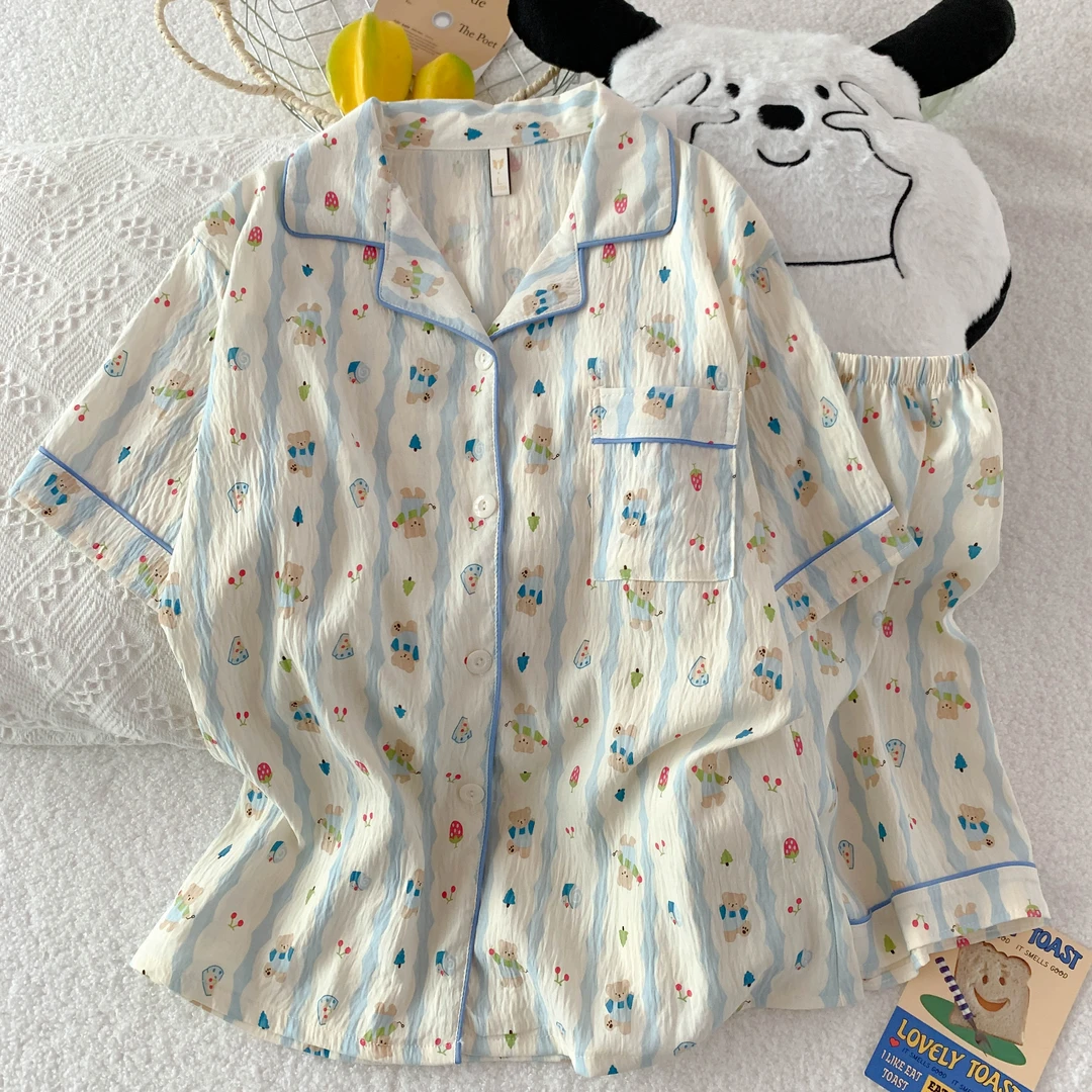 2025新款夏季短袖睡衣女款甜美可爱双短套装休闲宽松家居服可外穿