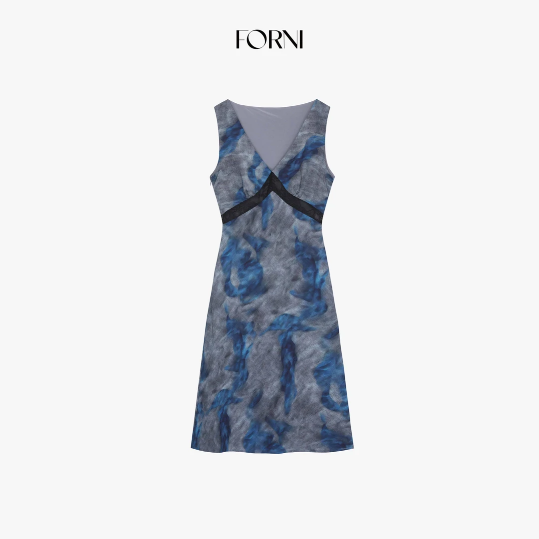FORNI 油画裙 法式气质女人味不规则晕染提花无袖收腰V领连衣裙