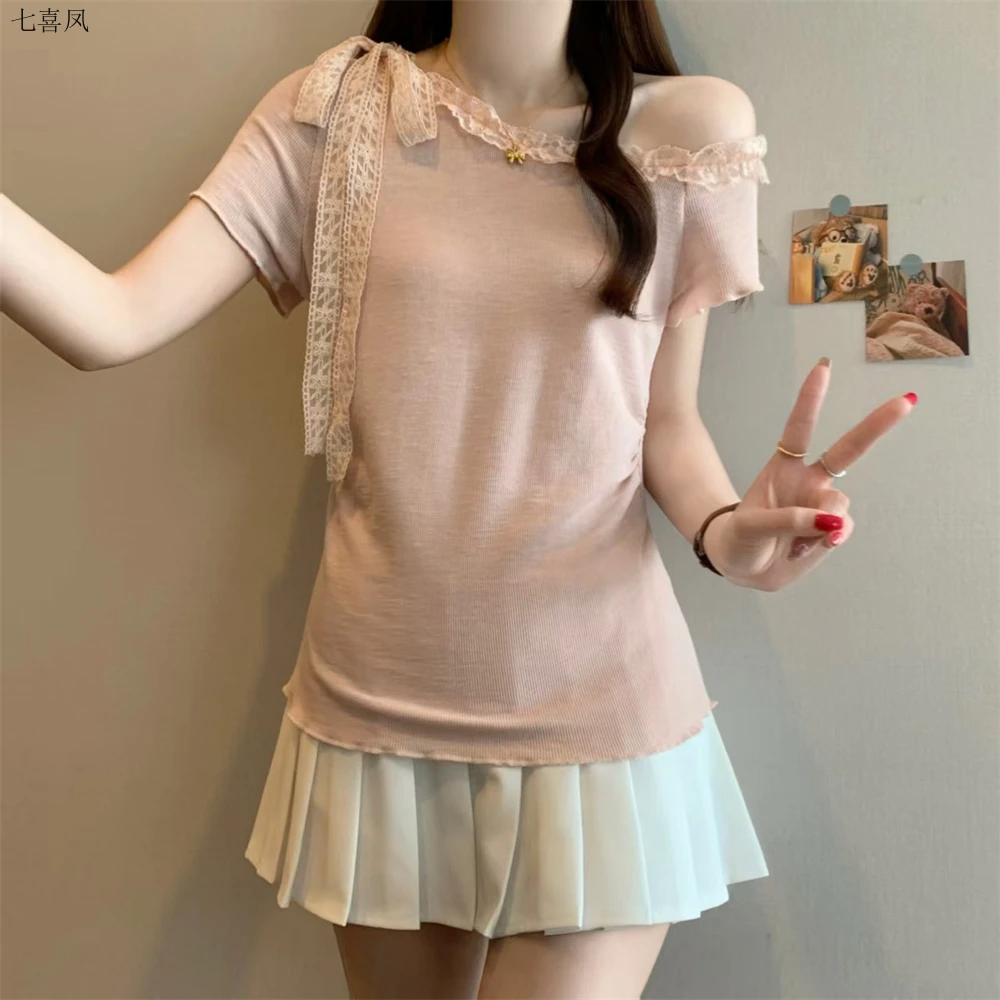 夏季新款修身斜肩设计拼接蕾丝花边系带甜美百搭短袖小衫