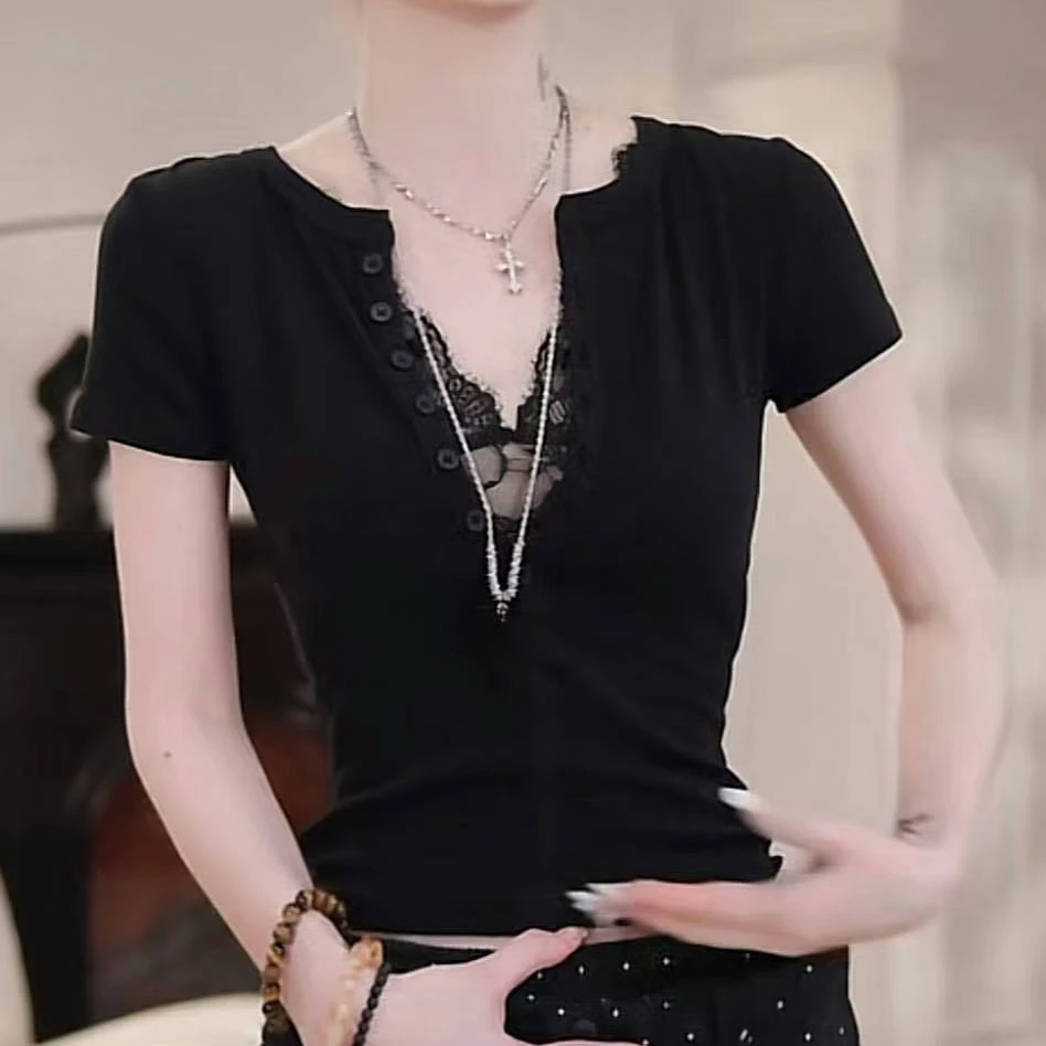 设计感假两件蕾丝拼接短袖t恤女2025夏季新款显瘦修身内搭上衣