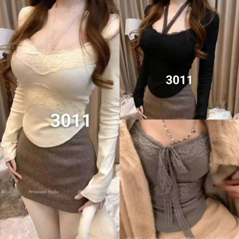 大码纯欲风蕾丝飘带拼接长袖显瘦T恤女秋冬收腰打底衫修身内搭