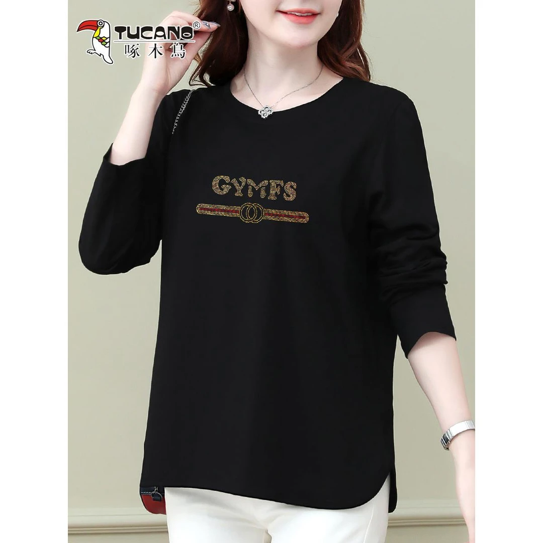 啄木鸟大码纯棉长袖T恤女2025春秋新款胖妈妈宽松洋气打底衫上衣t