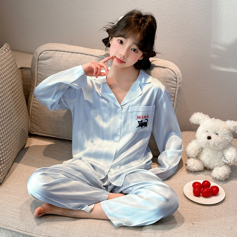 儿童睡衣春秋薄款透气亲肤小女孩长袖卡通印花空调服中大童套装