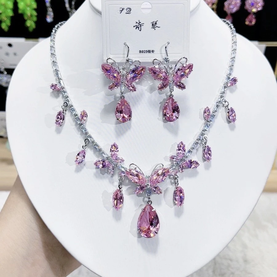 铜合金合成锆石项链 P074 黄粉蝴蝶项链套装