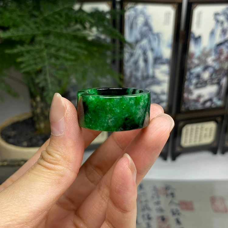 28-29号 老种满绿藓加绿辣色方戒圈指环 天然翡翠A货