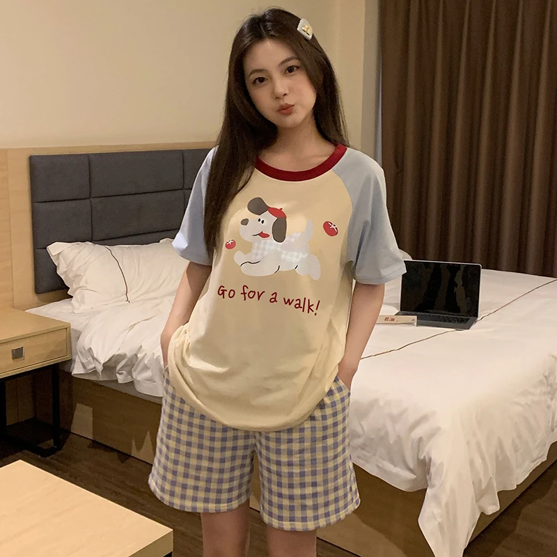 睡衣女夏季短袖短裤纯棉可爱甜美卡通格子夏天薄款宽松家居服套装