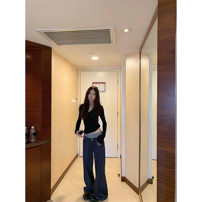 法式辣妹风套装设计感修身黑色长袖T恤秋季复古高腰阔腿裤两件套