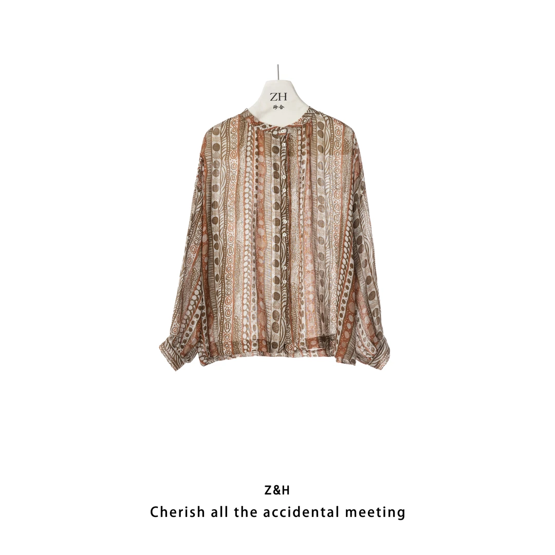 ZH【长谷薄雾】圆领衬衫女长袖宽松舒适麻制