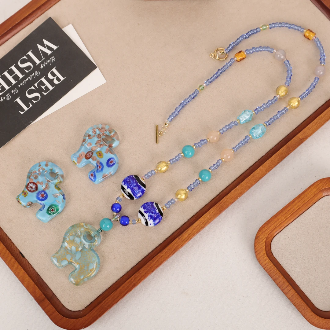 合金项链 LZ2351 浅蓝色大象琉璃项链