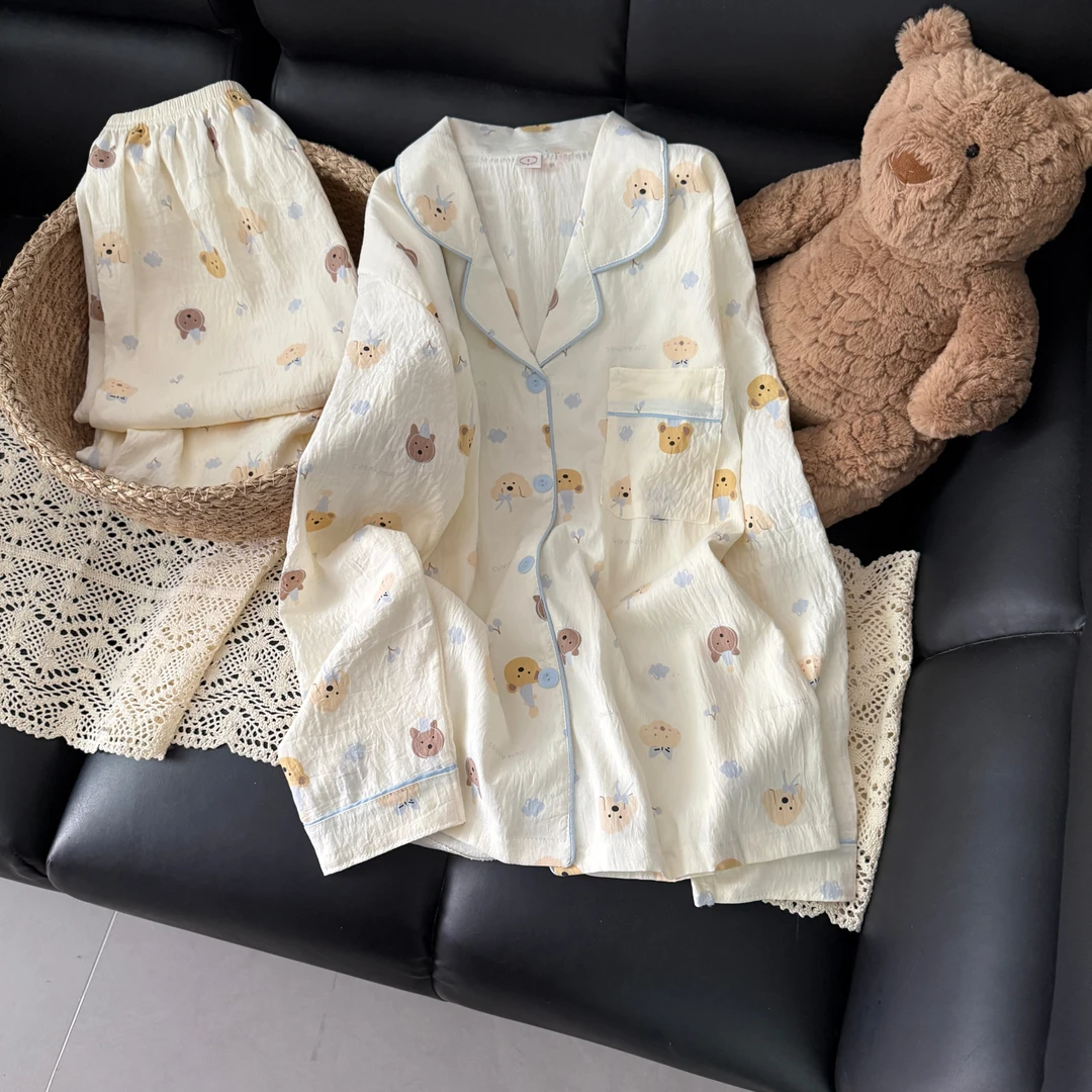 云朵棉长袖睡衣女士春秋季大码舒适2025新款帽子狗开衫套装家居服