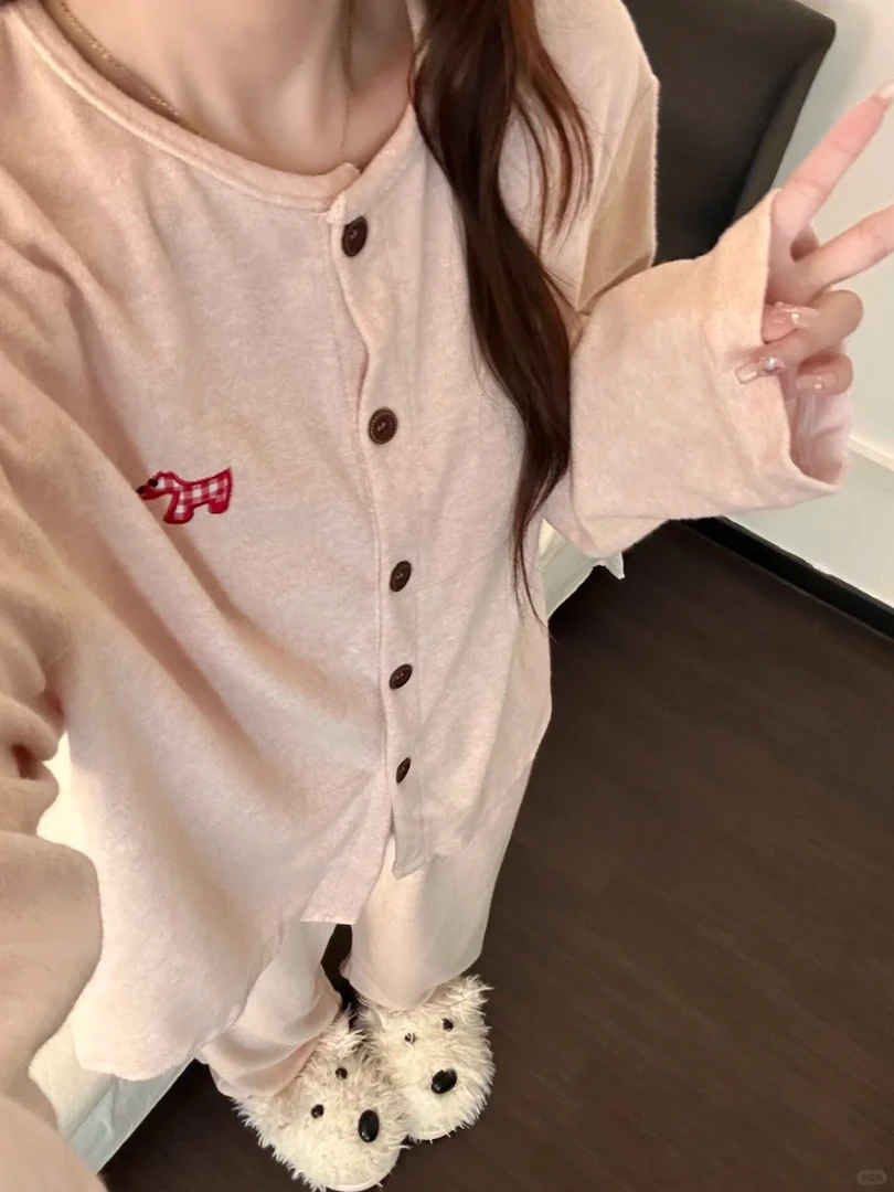 春秋季新款软糯亲肤德绒大码睡衣女慵懒风长袖长裤外穿家居服套装