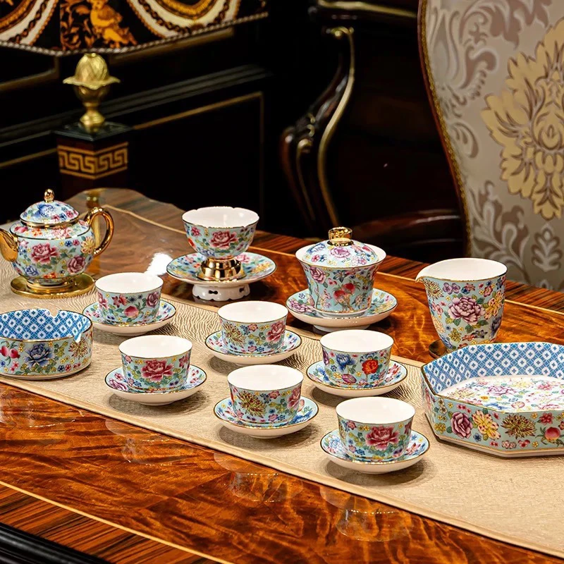 珐琅彩新中式轻奢宫廷风家用茶具整套盖碗套组礼盒整套盖碗套组