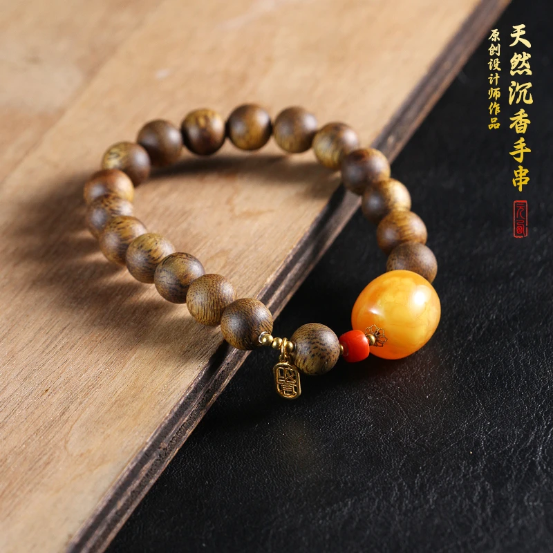 沉香天然沉香手串手链女款圆珠配蜜蜡枣珠单圈设计款【8.6mm】