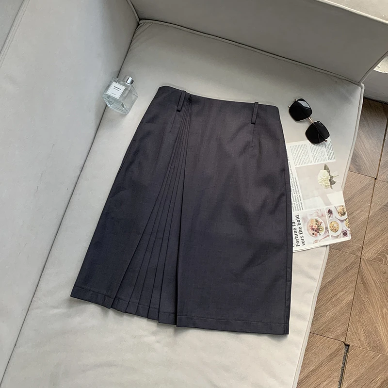 【南油溪溪】灰色百褶裙高腰气质百搭显瘦设计感中裙半身裙800221
