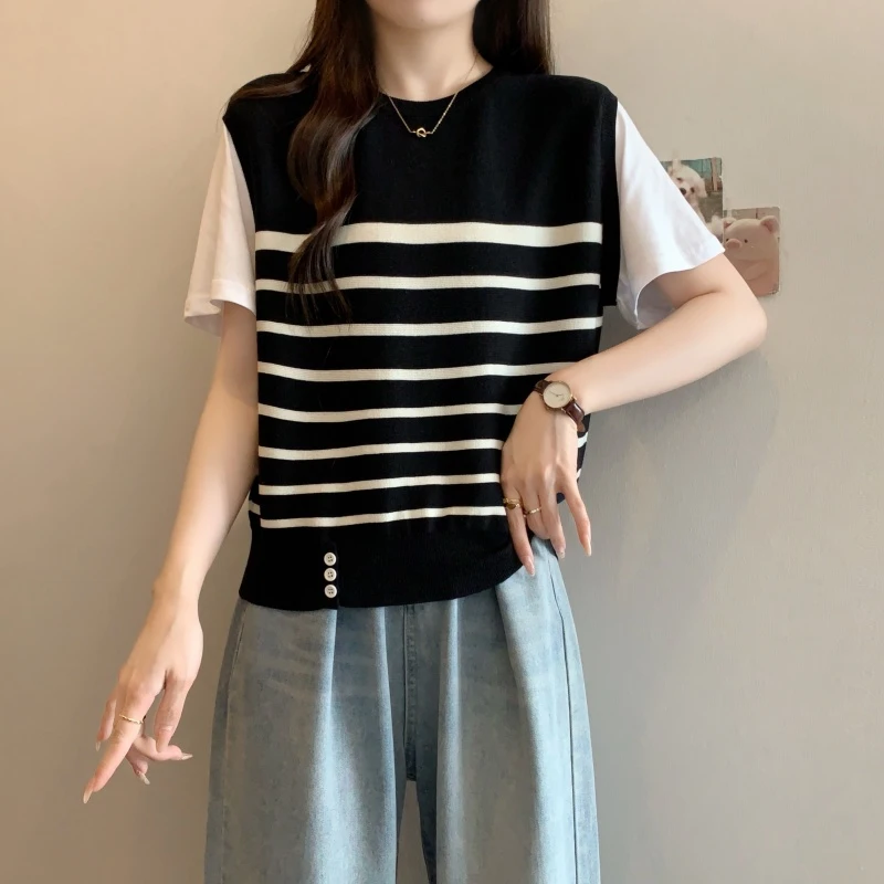 大码冰丝条纹短袖T恤女夏季新款微胖妹妹设计感宽松显瘦百搭上衣