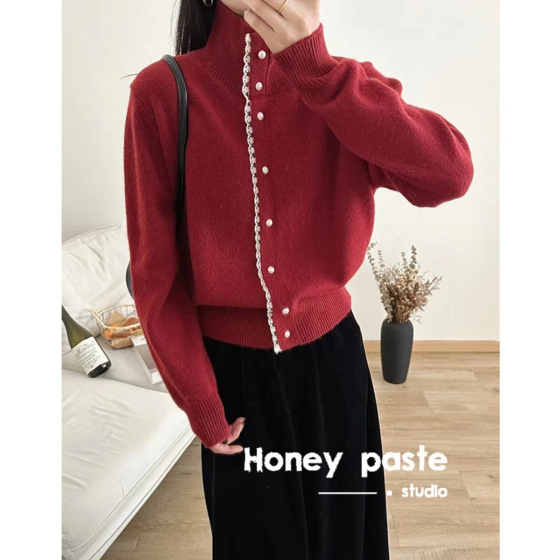 【蕾丝边浣熊开衫】2025春季新款针织衫女百搭高领上衣ins网红外套