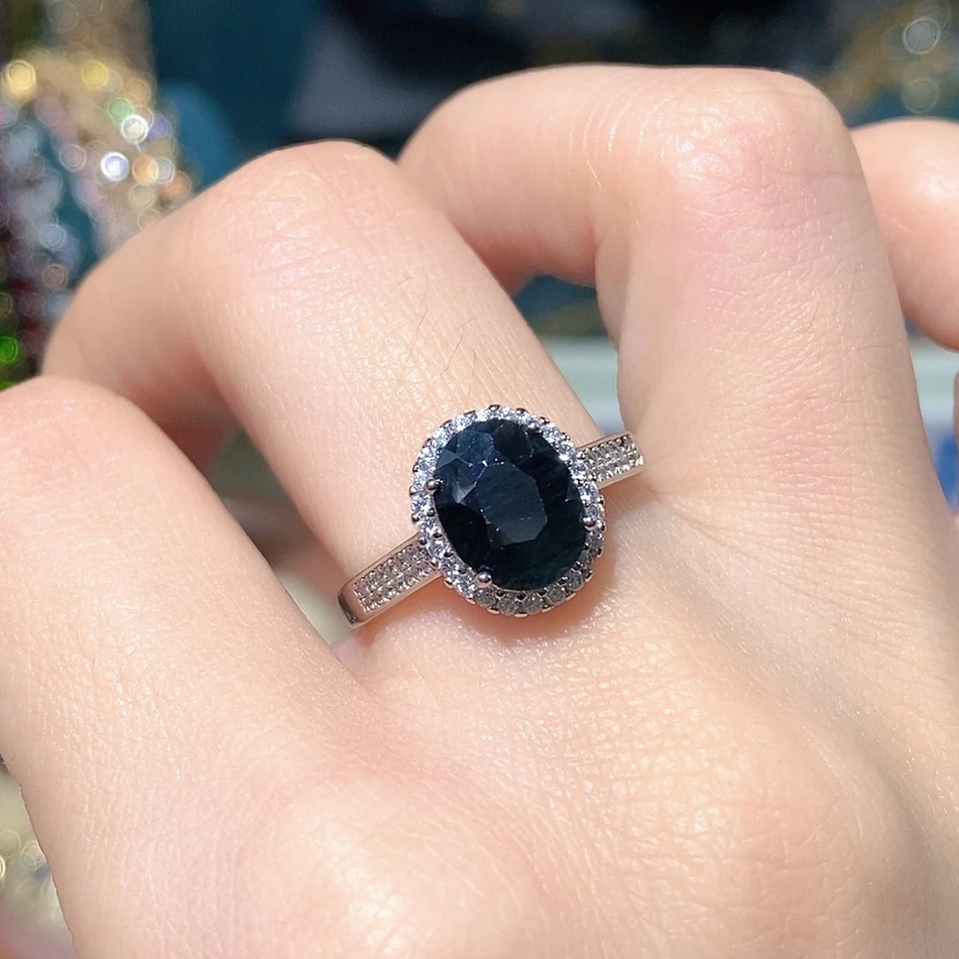 戒指蓝宝石银S925镶嵌天然蓝宝石