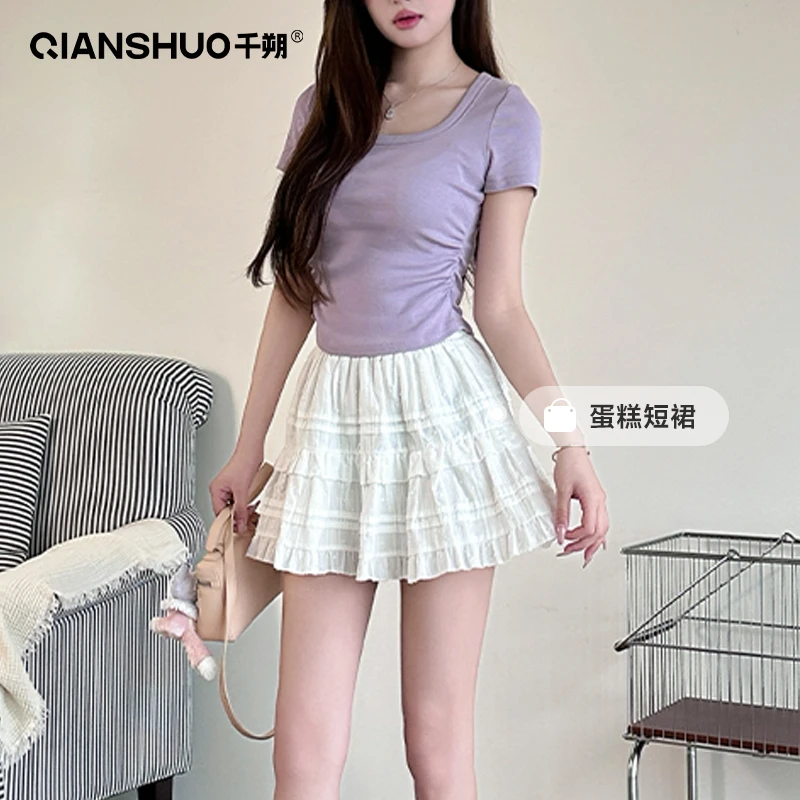 白色蕾丝蓬蓬蛋糕裙半身裙女夏季高腰a字短裙子芭蕾风半裙小个子
