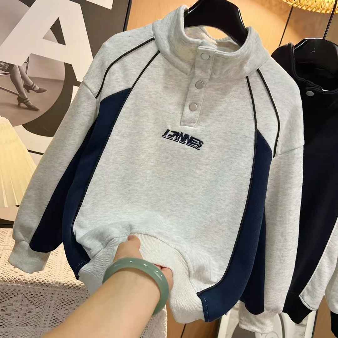 撞色潮搭~男童秋季新款韩系半拉链撞色拼接立领套头卫衣S10606