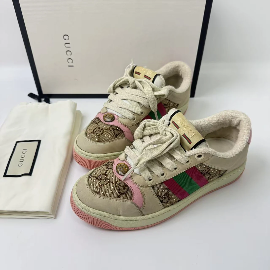 99新 GUCCI/古驰 36码/仔仔女鞋/全套/粉色钻石双G印花脏脏鞋1825