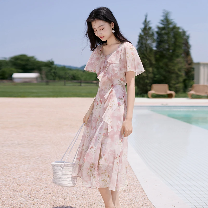 L85S731连衣裙 香影浪漫荷叶边花卉印染雪纺连衣裙夏季新款碎花裙
