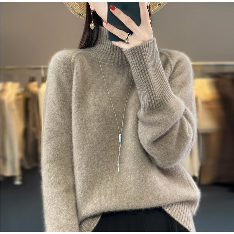 【王菲同款】100%纯羊毛衫女半高领套头宽松加厚毛衣长袖针织打底