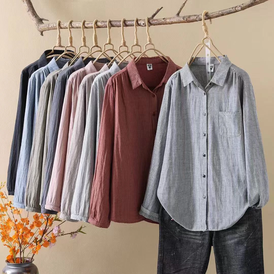 条纹多色秋季舒适感棉纱百搭显瘦衬衣
