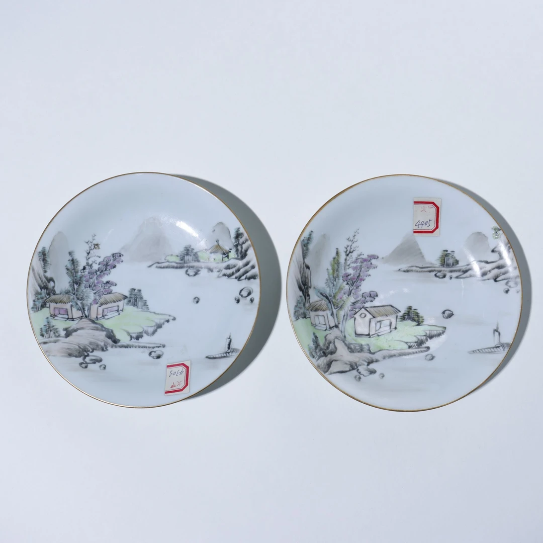 Lot.6234 130 清乾隆-粉彩山水图盘(一对)D:15.5