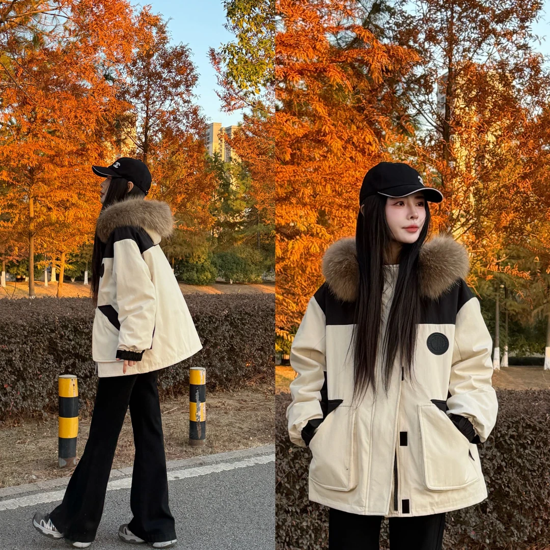 宿慕SUMU明星同款冰川羽绒派克12-4冬季保暖大毛领连帽羽绒服9087