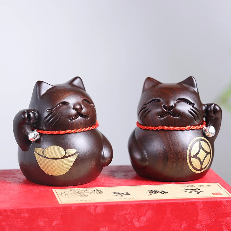 黑檀木招财猫文玩把件木雕送礼把玩件书柜小摆件工艺小件商政礼品
