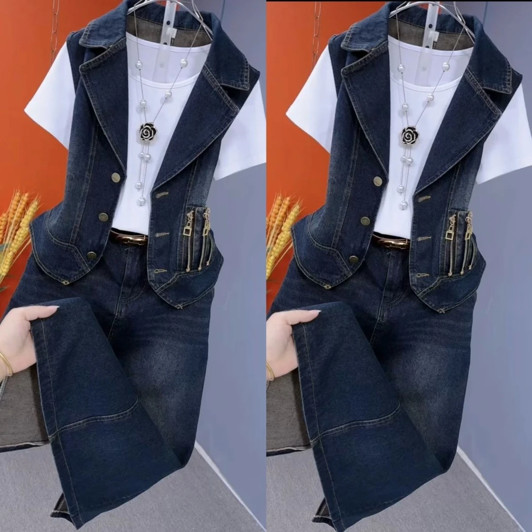 韩版2025爆款套装早秋新款牛仔马甲+半袖+半身裙分体三件套女秋季